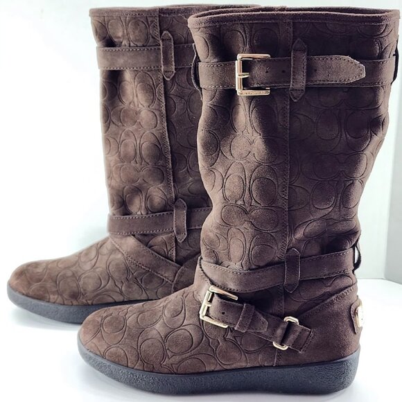 Coach Thelma Boots A4671 Womens Size 7B Brown Logo Embossed Suede Slip On - Picture 3 of 10